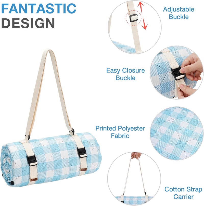WILLOW WEAVE Picnic Blanket, 80''x80'' Waterproof Outdoor Blankets, Picnic Mat Washable for Beach, Picnic Blankets for Camping on Grass with Shoulder Strap - Blue & White - Image 3
